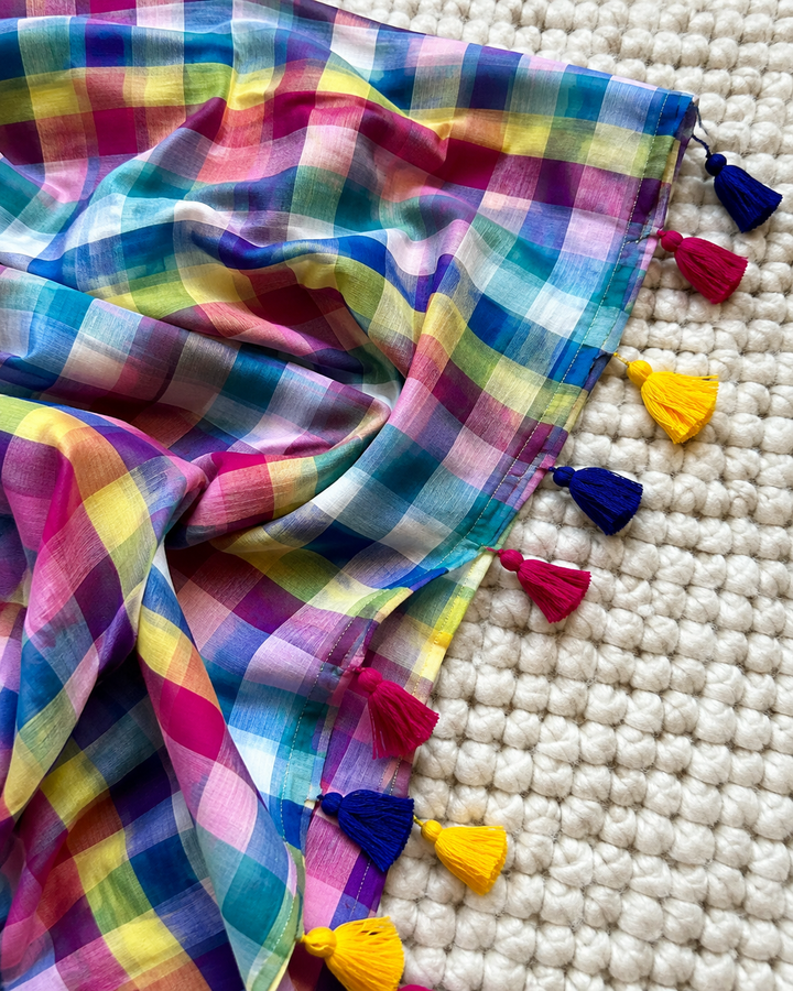 Multicolour Madras Checkered Mul Cotton Saree with Colourful Tassels & Attached Blouse Piece