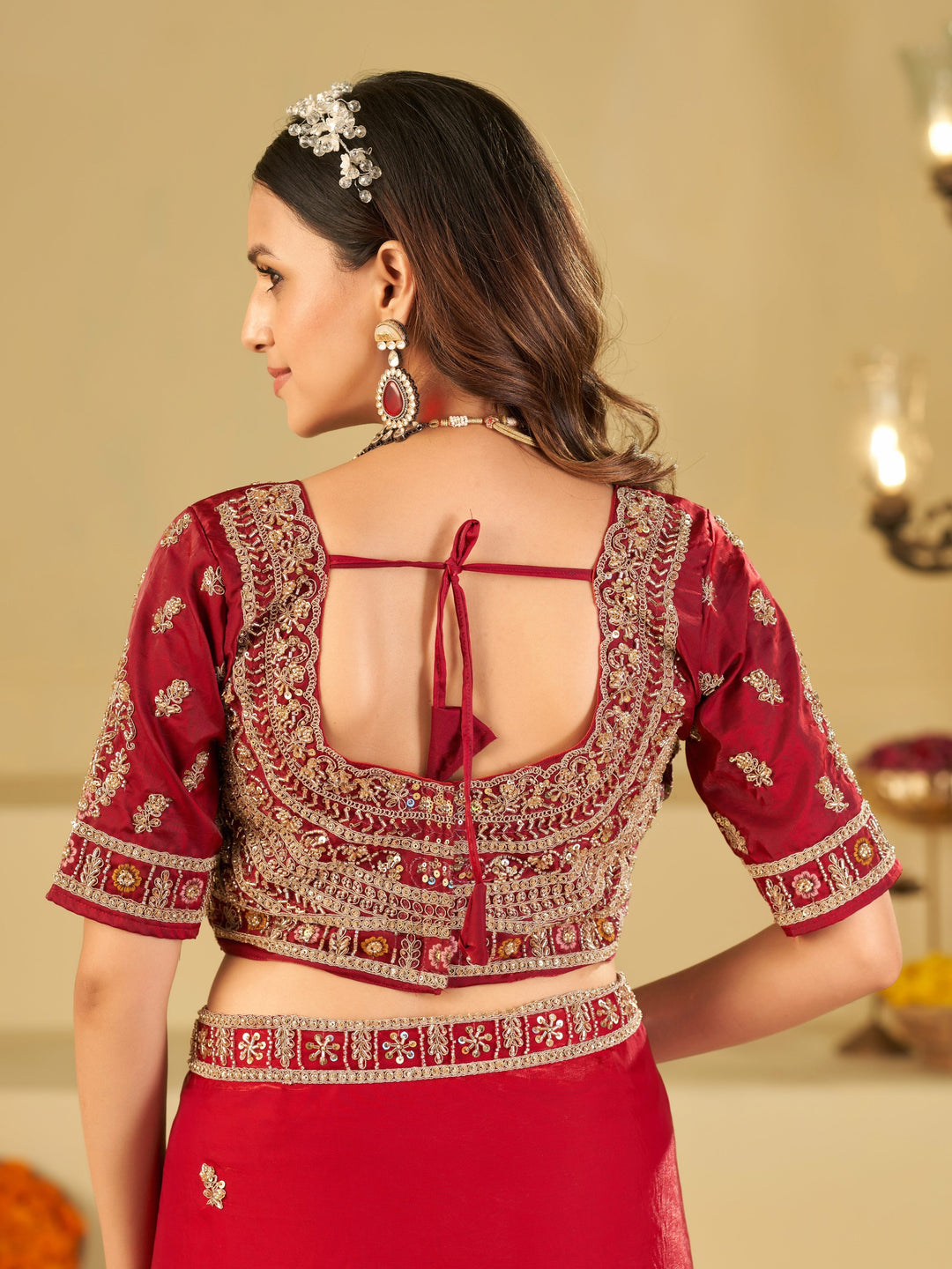 Ruby Red Designer Fendy Satin Saree with Heavy Embroidered Blouse & Zari Border | Premium Wedding & Festive Wear Saree