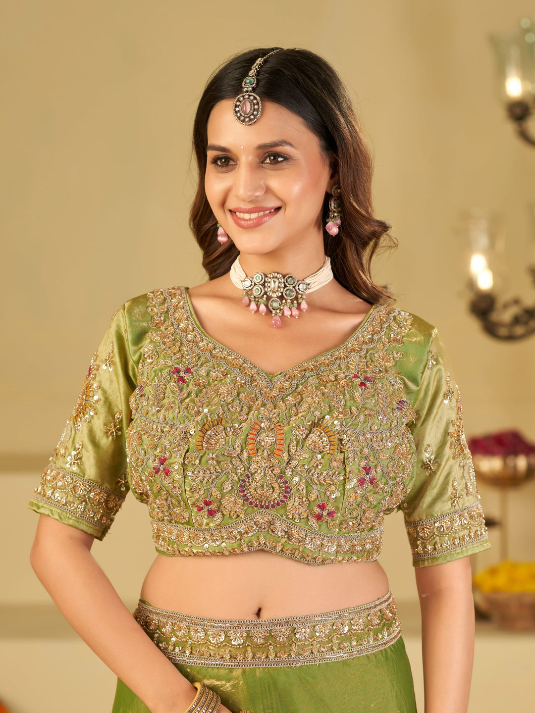 Pista Green Designer Fendy Satin Saree with Heavy Embroidered Blouse & Zari Border | Premium Wedding Party Wear Saree