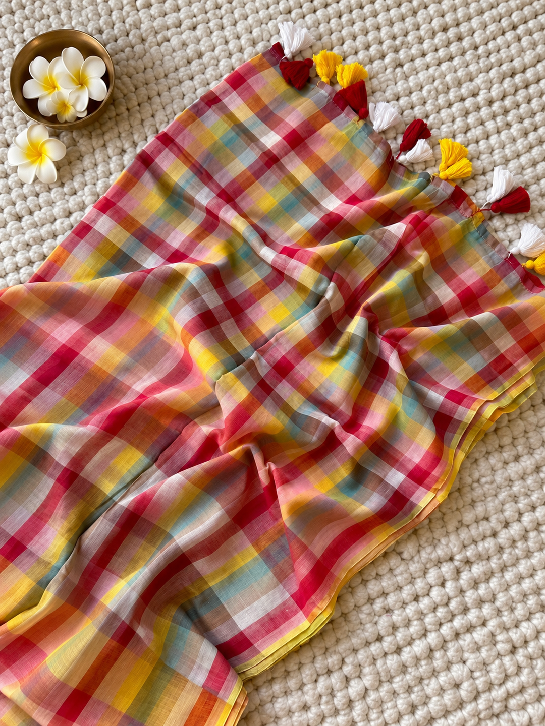 Red & Yellow Multicolour Madras Checkered Mul Cotton Saree with Tassels & Attached Blouse Piece