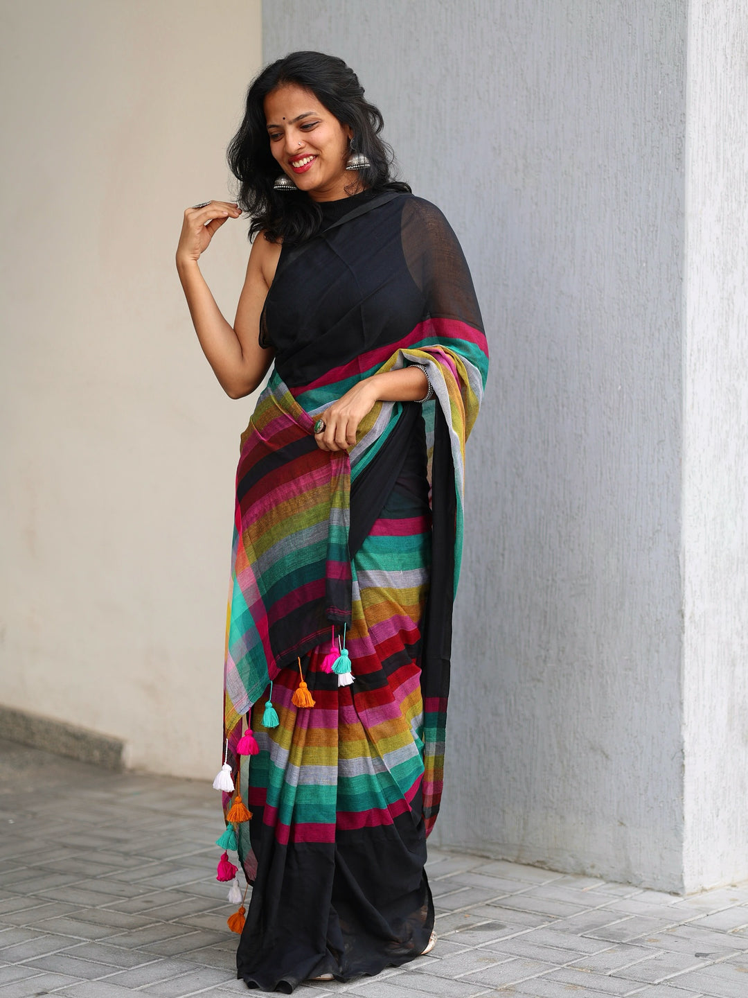 Black Mul Cotton Saree with Multicolour Striped Checkered Pallu, Tassel Edges & Attached Blouse Piece