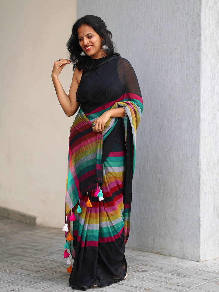 Black Mul Cotton Saree with Multicolour Striped Checkered Pallu, Tassel Edges & Attached Blouse Piece