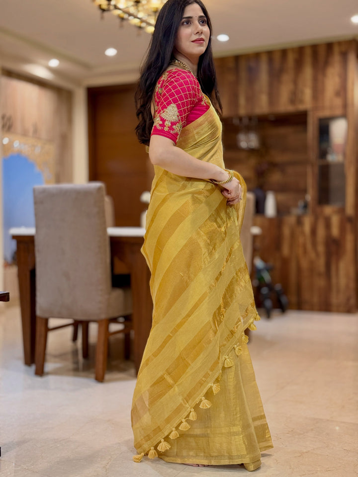 Royal Gold Kasavu Saree with Shimmer Zari Weave, Statement Pallu & Tassels on Edges, Comes With Attached Blouse Piece
