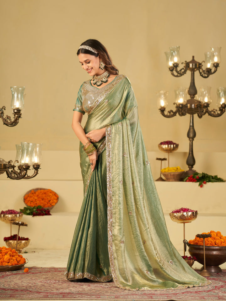 Sage Green Dual Tone Designer Fendy Satin Saree with Heavy Embroidered Blouse & Sequin Border | Premium Wedding Party Wear Saree