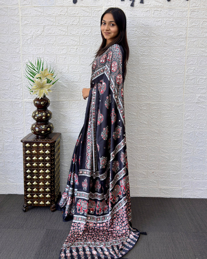 Black Modal Silk Saree with Elephant Motif Ajrakh Print & Heritage Designer Pallu | Traditional Festive Wear Saree