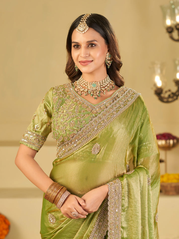 Pista Green Designer Fendy Satin Saree with Heavy Embroidered Blouse & Sequin Border | Premium Wedding Party Wear Saree