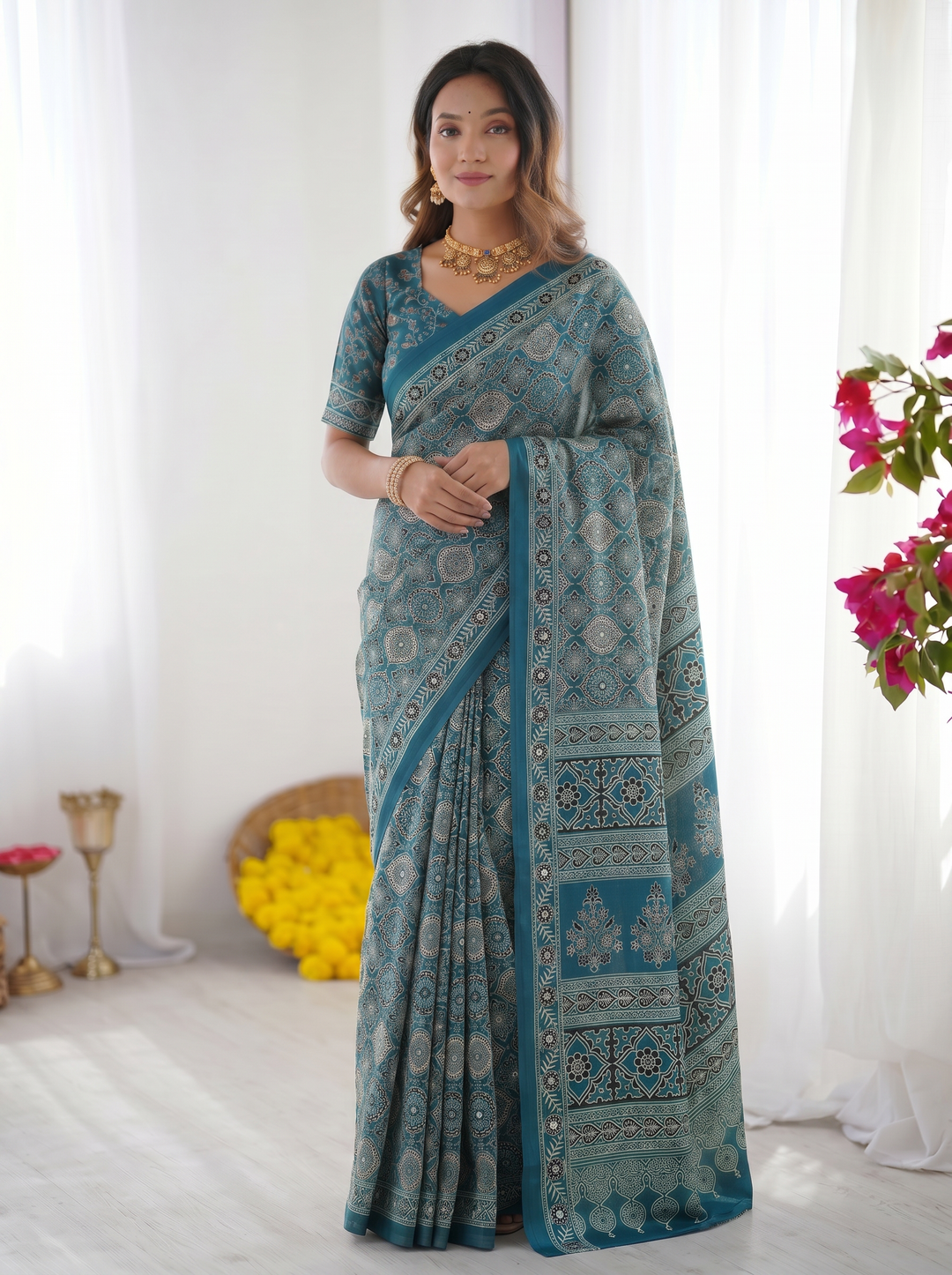 Ajrakh Chinnon Printed Saree with Tassel Detailing & Attached Blouse (No Mirror Work)