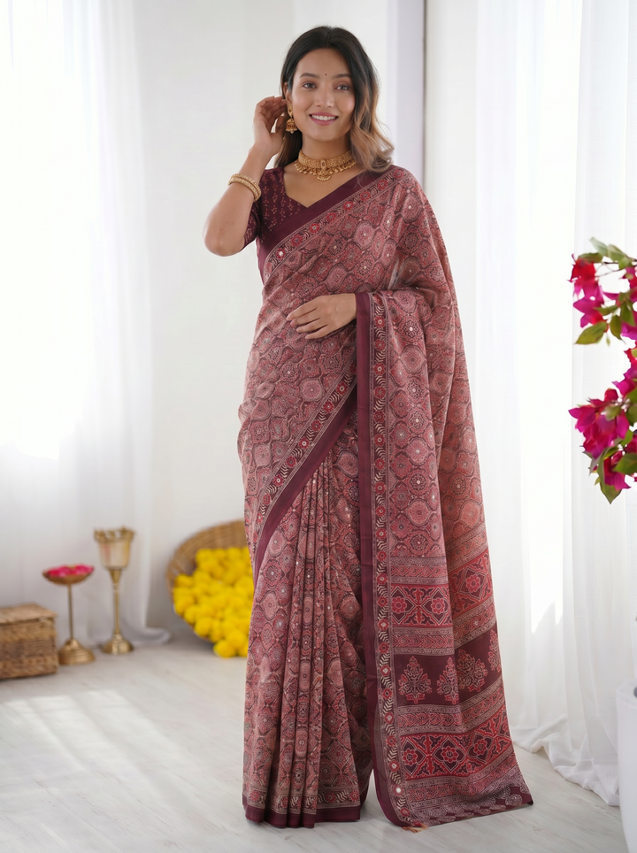 Ajrakh Chinnon Printed Saree with Tassel Detailing & Attached Blouse (No Mirror Work)