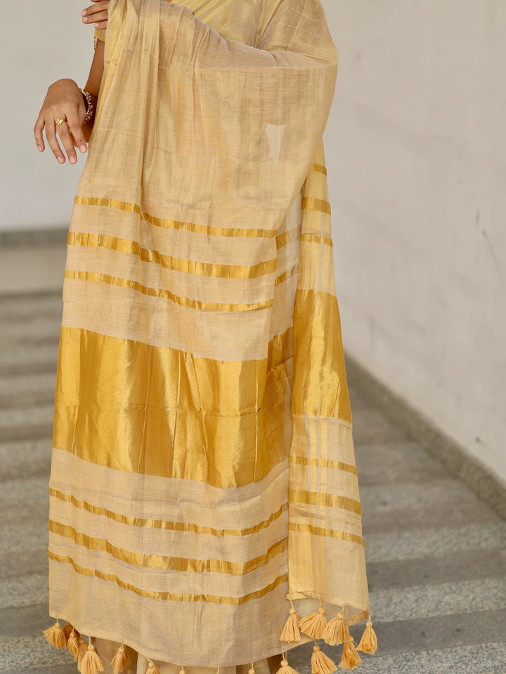 Royal Gold Kasavu Saree with Shimmer Zari Weave, Statement Pallu & Tassels on Edges, Comes With Attached Blouse Piece