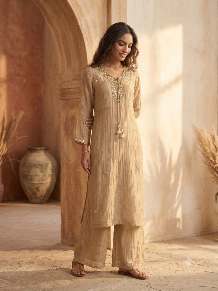 Handwork Necklace Neckline Crushed Organza Sharara Set in Salsa Beige
