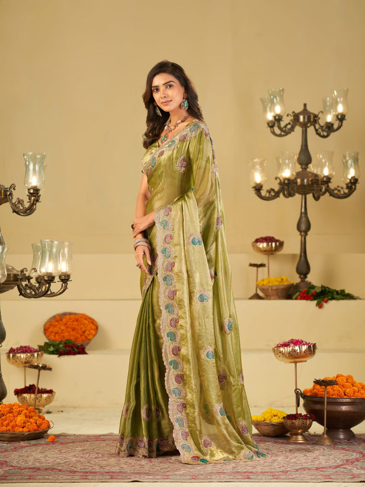 Olive Green Designer Fendy Satin Saree with Multicolor Paisley Embroidery & Scalloped Embroidered Border | Elegant Festive Party Wear Saree