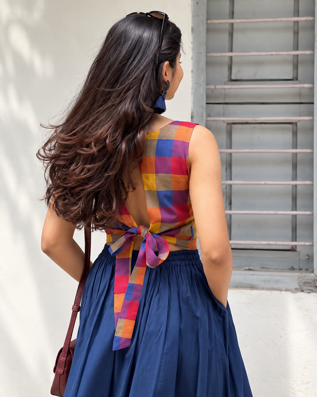 Madras Cotton Crop Top & Flared Skirt Set for Women – Multicolour Checks & Navy Blue
