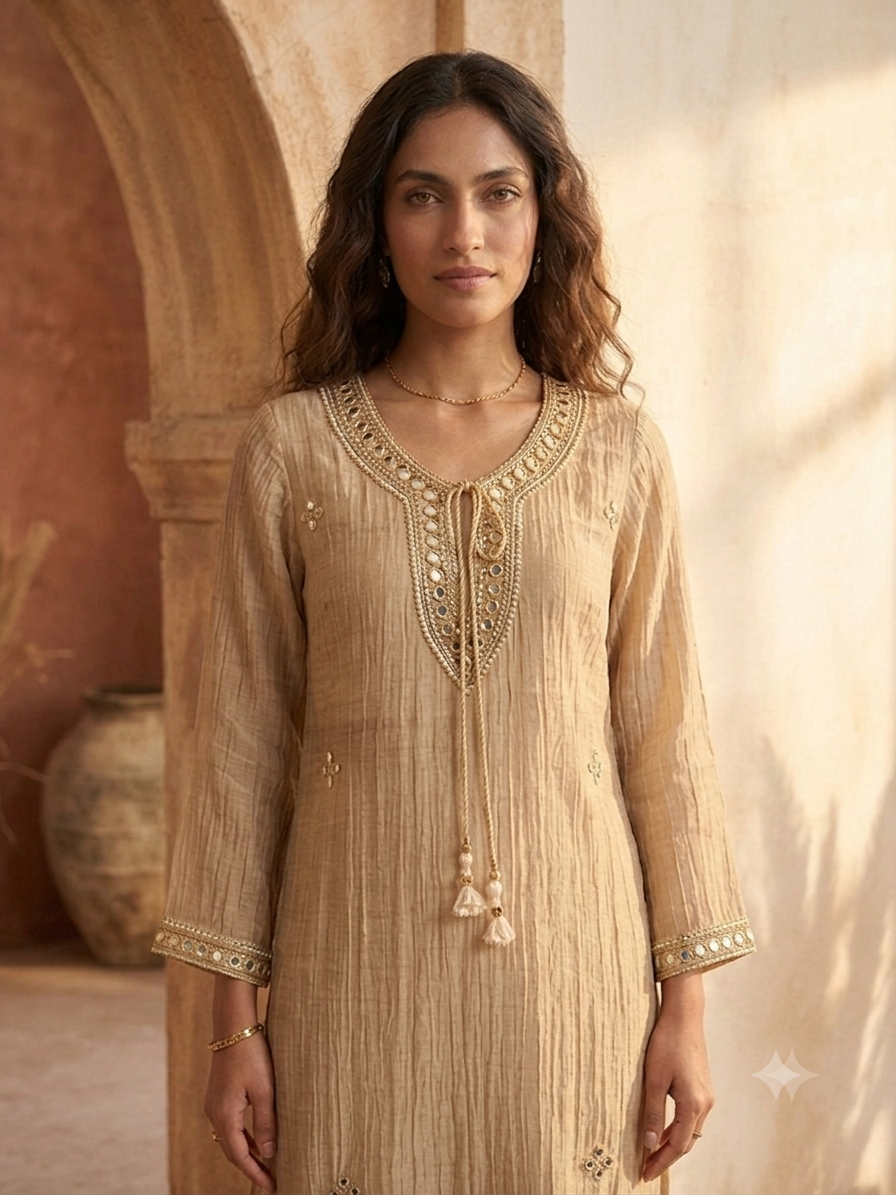 Handwork Necklace Neckline Crushed Organza Sharara Set in Salsa Beige