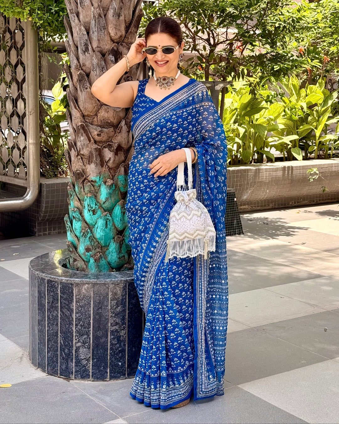 Steel Blue Modal Silk Saree with Delicate Floral Butti Prints, Traditional Heritage Border & Elegant Designer Pallu