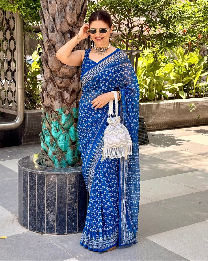 Steel Blue Modal Silk Saree with Delicate Floral Butti Prints, Traditional Heritage Border & Elegant Designer Pallu