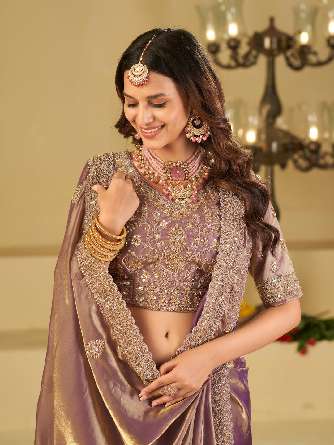 Lavender Purple Designer Fendy Satin Saree with Heavy Embroidered Blouse & Sequin Border | Premium Wedding Party Wear Saree
