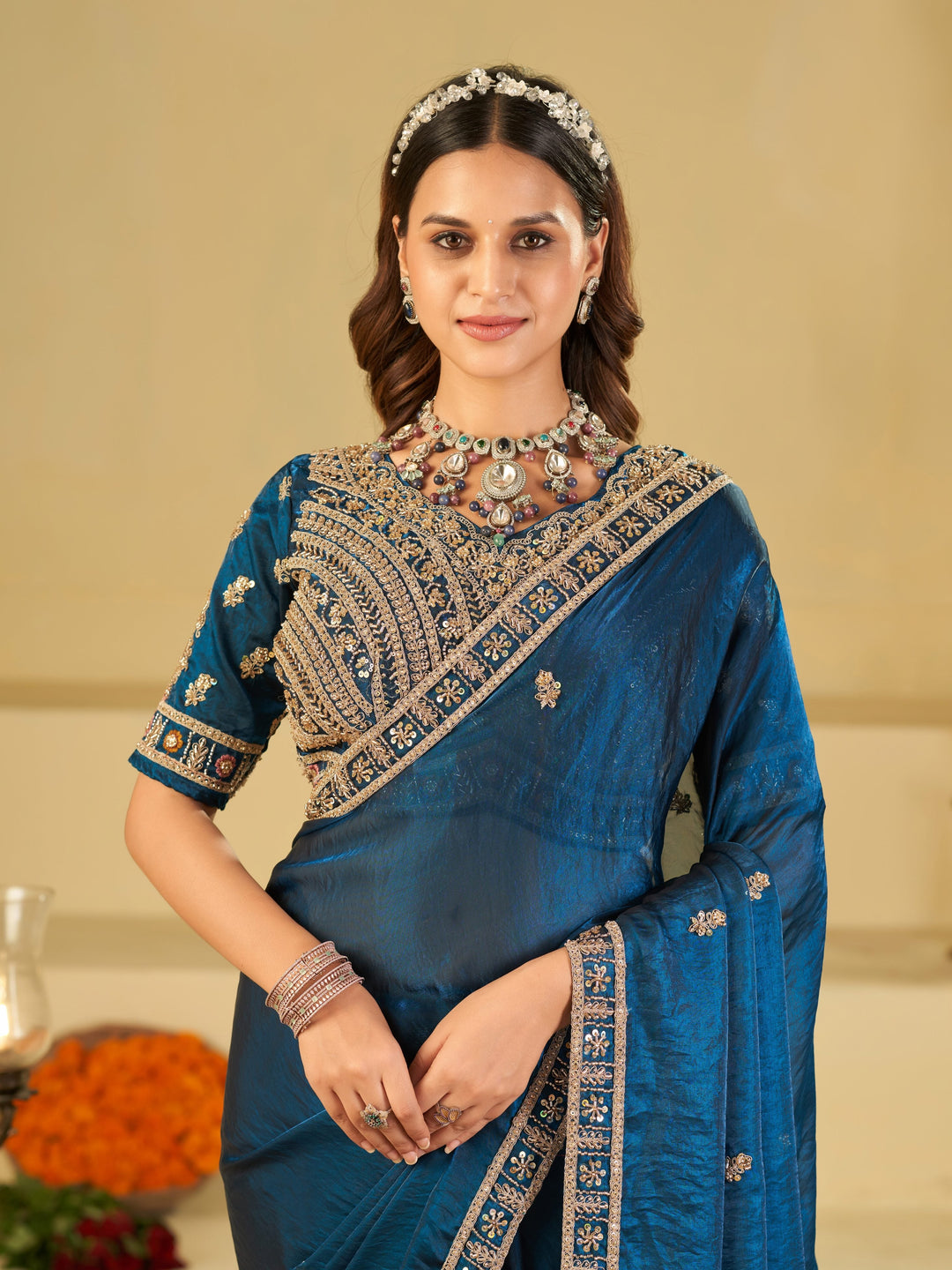 Royal Blue Designer Fendy Satin Saree with Heavy Embroidered Blouse & Zari Border | Premium Wedding & Festive Wear Saree