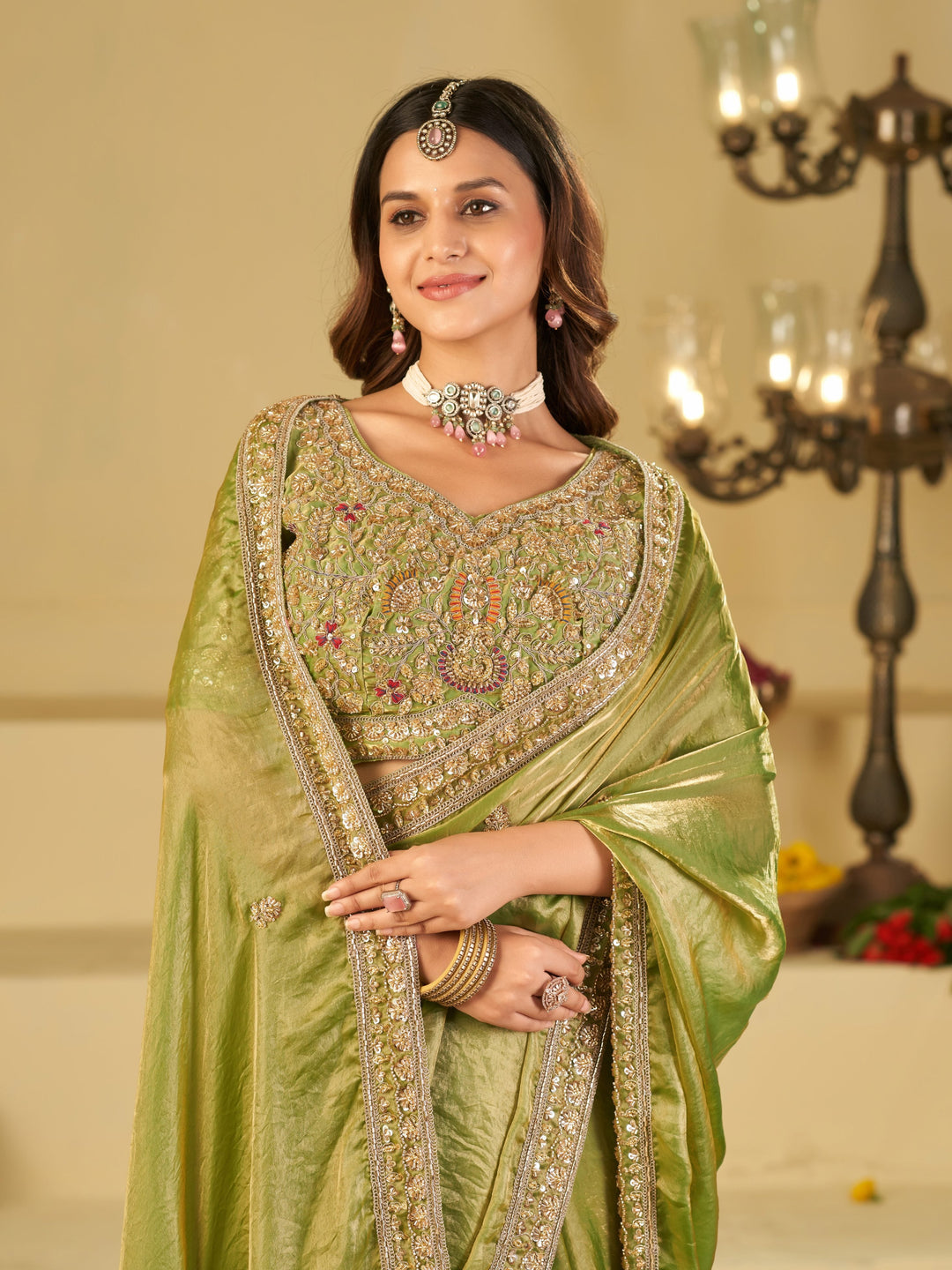 Pista Green Designer Fendy Satin Saree with Heavy Embroidered Blouse & Zari Border | Premium Wedding Party Wear Saree