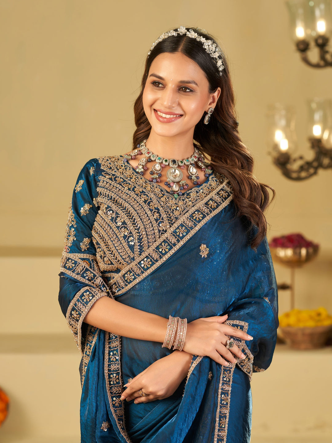 Royal Blue Designer Fendy Satin Saree with Heavy Embroidered Blouse & Zari Border | Premium Wedding & Festive Wear Saree