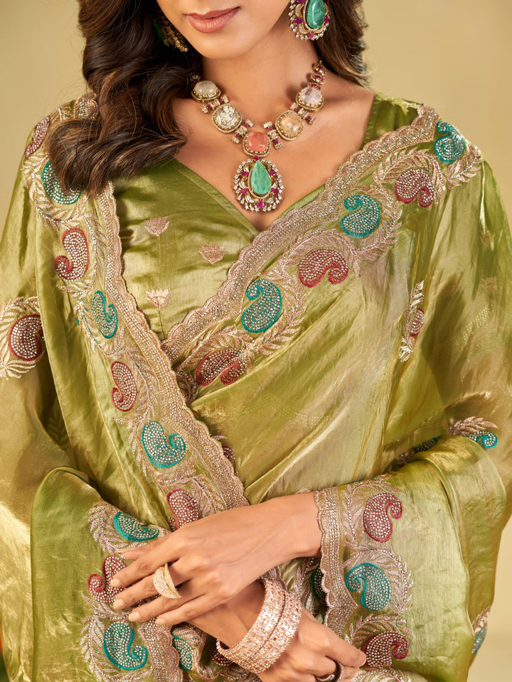 Olive Green Designer Fendy Satin Saree with Multicolor Paisley Embroidery & Scalloped Embroidered Border | Elegant Festive Party Wear Saree