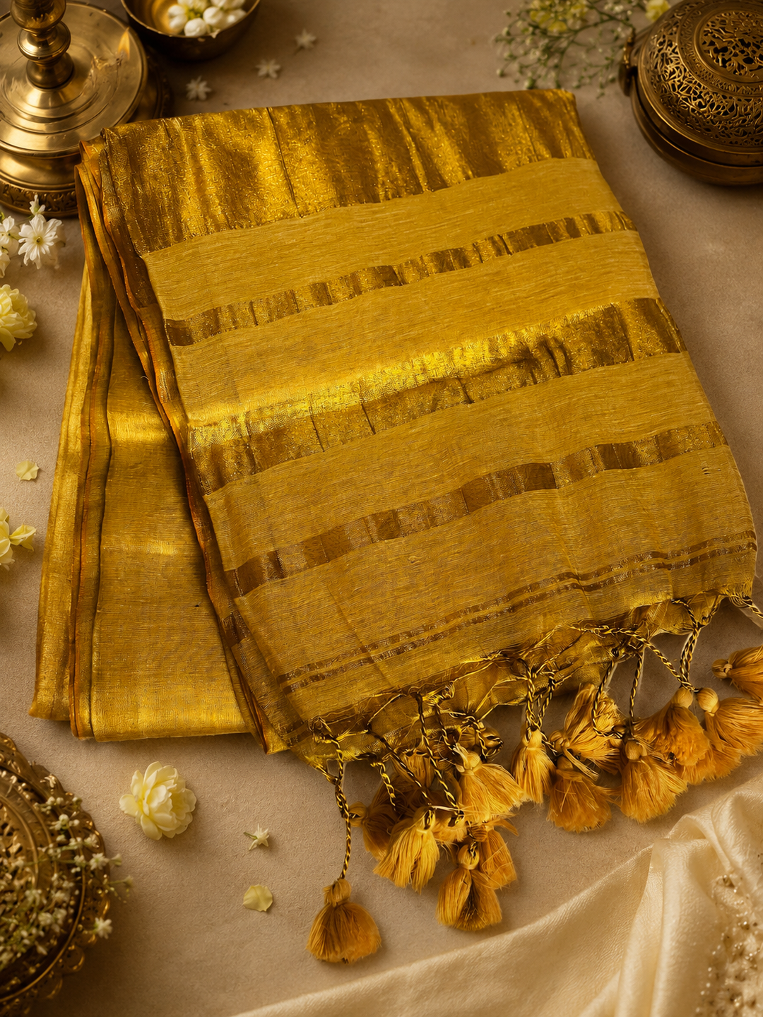 Royal Gold Kasavu Saree with Shimmer Zari Weave, Statement Pallu & Tassels on Edges