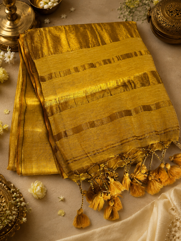 Royal Gold Kasavu Saree with Shimmer Zari Weave, Statement Pallu & Tassels on Edges