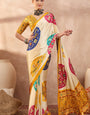 Ivory Cream Modal Silk Saree with Patola-Inspired Multicolor Print & Mustard Designer Pallu | Festive & Traditional Wear Saree
