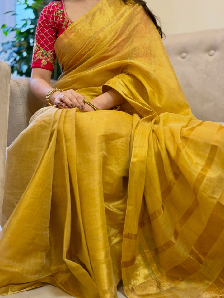 Royal Gold Kasavu Saree with Shimmer Zari Weave, Statement Pallu & Tassels on Edges, Comes With Attached Blouse Piece