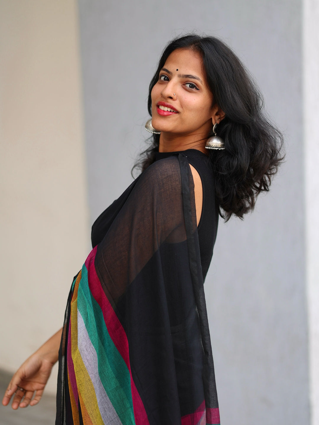 Black Mul Cotton Saree with Multicolour Striped Checkered Pallu, Tassel Edges & Attached Blouse Piece