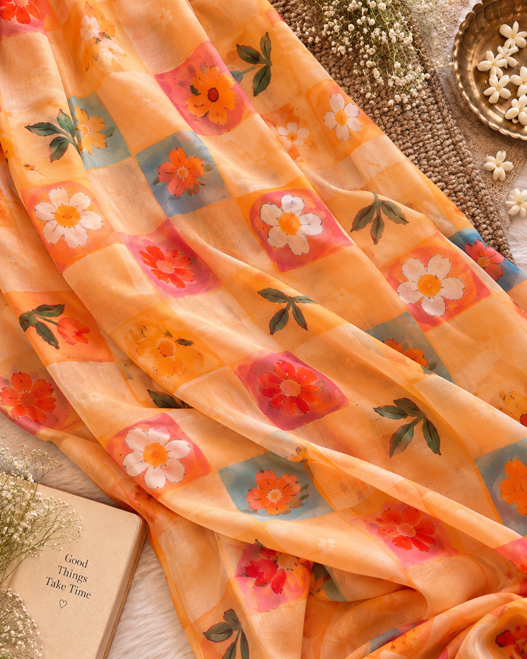 Peach Orange Chinnon Saree with Multicolour Floral Check Print & Attached Blouse Piece