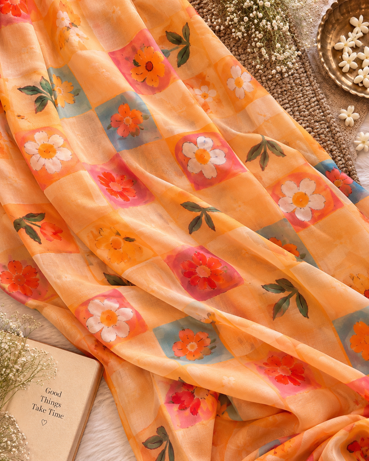 Peach Orange Chinnon Saree with Multicolour Floral Check Print & Attached Blouse Piece