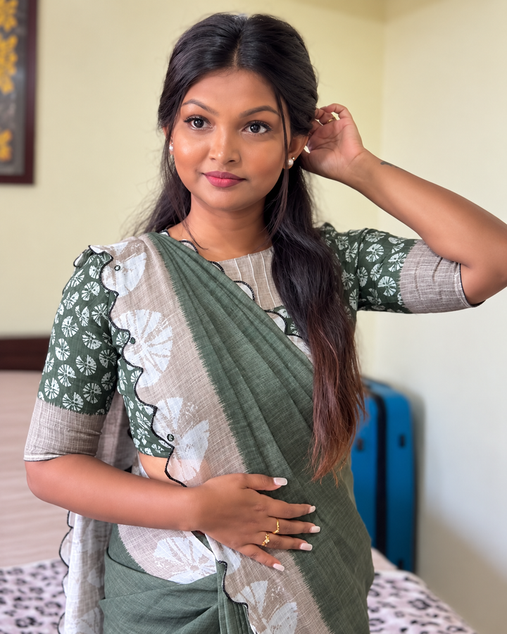 Olive Green & Beige Mul Cotton Saree with Floral Print, Mirror Work & Arco Scalloped Border