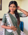 Olive Green & Beige Mul Cotton Saree with Floral Print, Mirror Work & Arco Scalloped Border