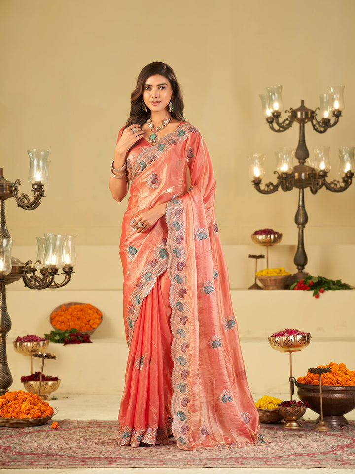 Peach Pink Designer Fendy Satin Saree with Multicolor Paisley Embroidery & Scalloped Embroidered Border | Premium Festive Party Wear Saree