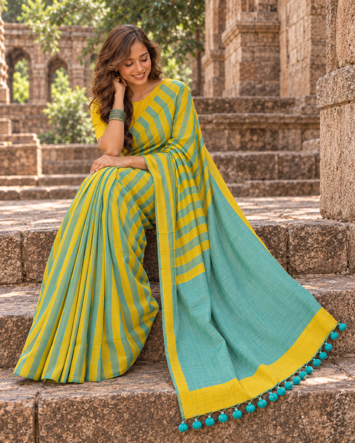 Handloom Erode Shimmer Saree with Dual-Tone Stripes, Contrast Pallu & Tassels