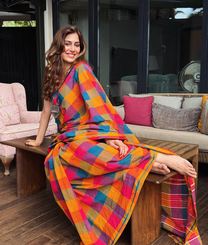 Vibrant Multicolour Madras Checkered Mul Cotton Saree with Tassels & Attached Blouse Piece