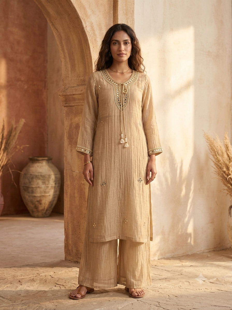 Handwork Necklace Neckline Crushed Organza Sharara Set in Salsa Beige