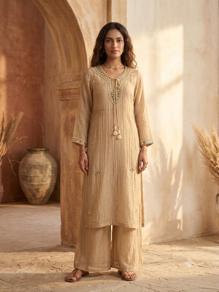 Handwork Necklace Neckline Crushed Organza Sharara Set in Salsa Beige