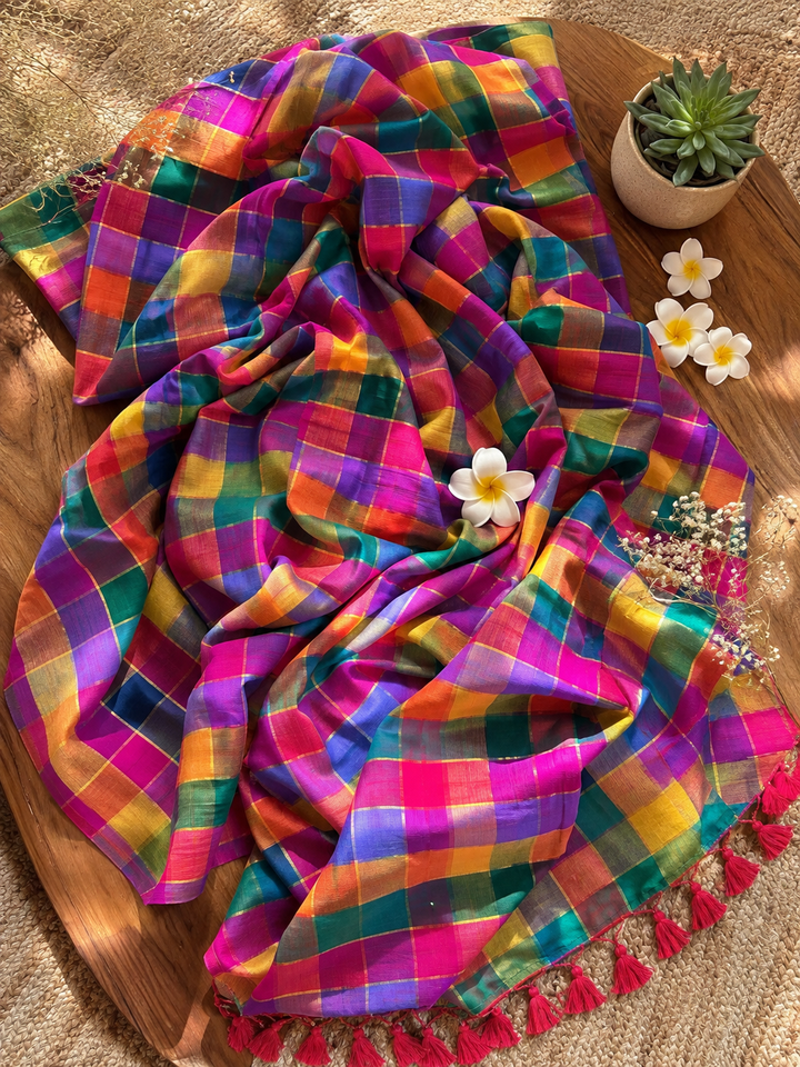 Vibrant Multicolour Madras Checkered Mul Cotton Saree with Tassels & Attached Blouse Piece