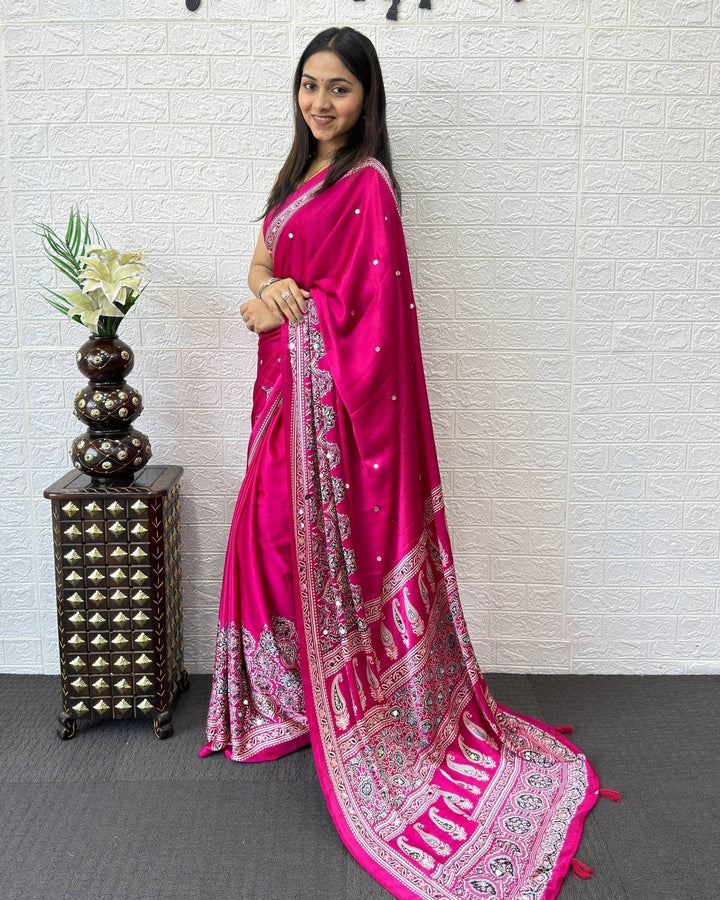 Ajrakh Chinnon Printed Saree with Tassel Detailing & Attached Blouse (No Mirror Work)
