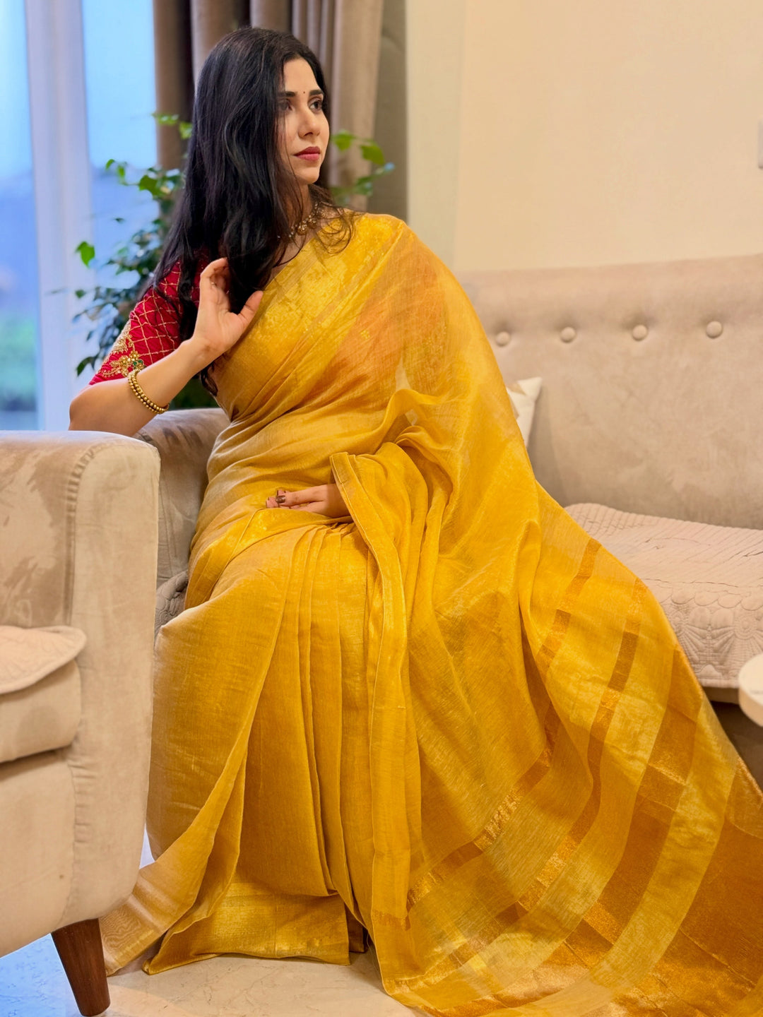Royal Gold Kasavu Saree with Shimmer Zari Weave, Statement Pallu & Tassels on Edges, Comes With Attached Blouse Piece