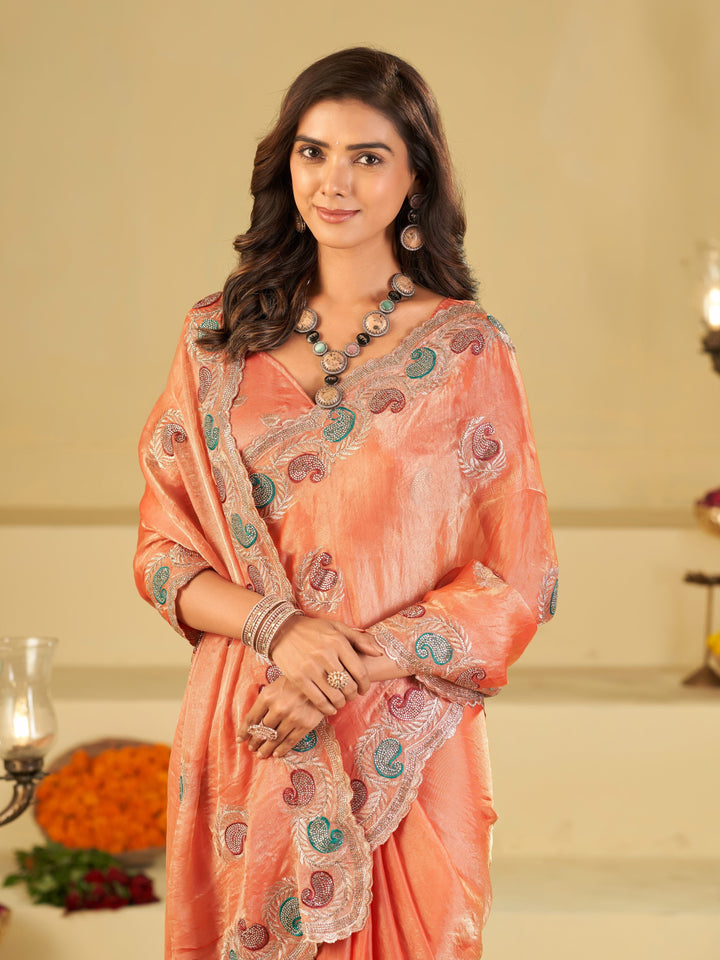 Peach Designer Fendy Satin Saree with Multicolor Paisley Embroidery & Scalloped Embroidered Border | Elegant Festive Party Wear Saree