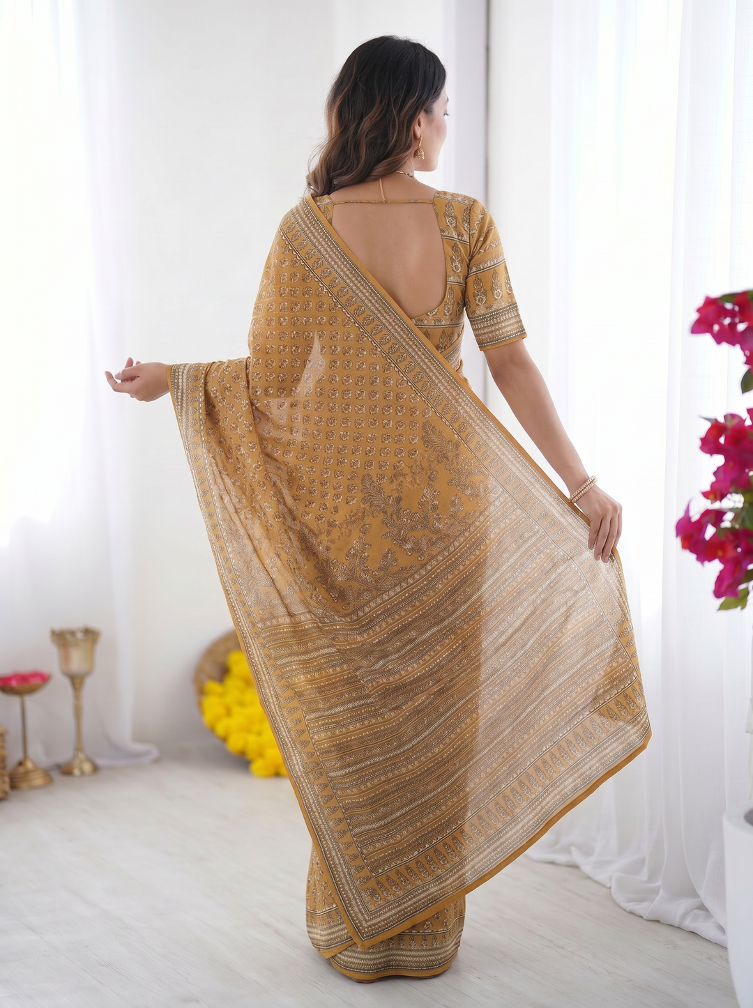 Ajrakh Chinnon Printed Saree with Tassel Detailing & Attached Blouse (No Mirror Work)