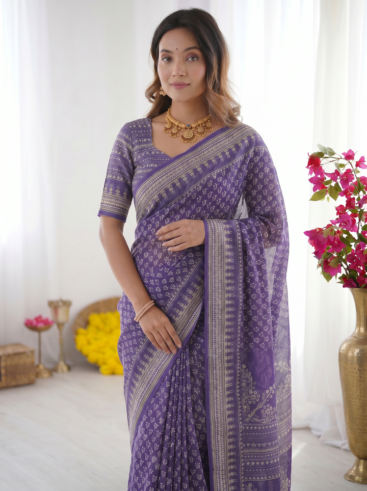 Ajrakh Chinnon Printed Saree with Tassel Detailing & Attached Blouse (No Mirror Work)