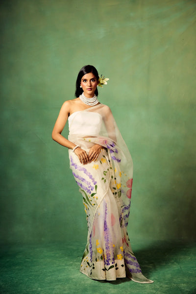 Ivory Pure Organza Hand-Painted Saree with Multicolor Floral Motifs & Sequin Accents | Modal Satin Blouse