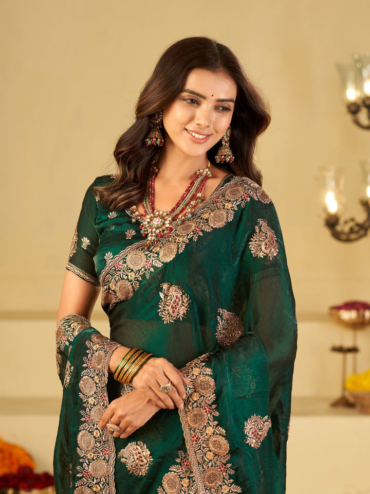 Emerald Green Designer Fendy Satin Saree with Heavy Floral Embroidery Work | Premium Wedding & Party Wear Embroidered Saree with Blouse