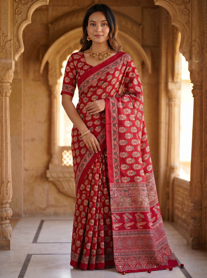Ajrakh Chinnon Printed Saree with Tassel Detailing & Attached Blouse (No Mirror Work)
