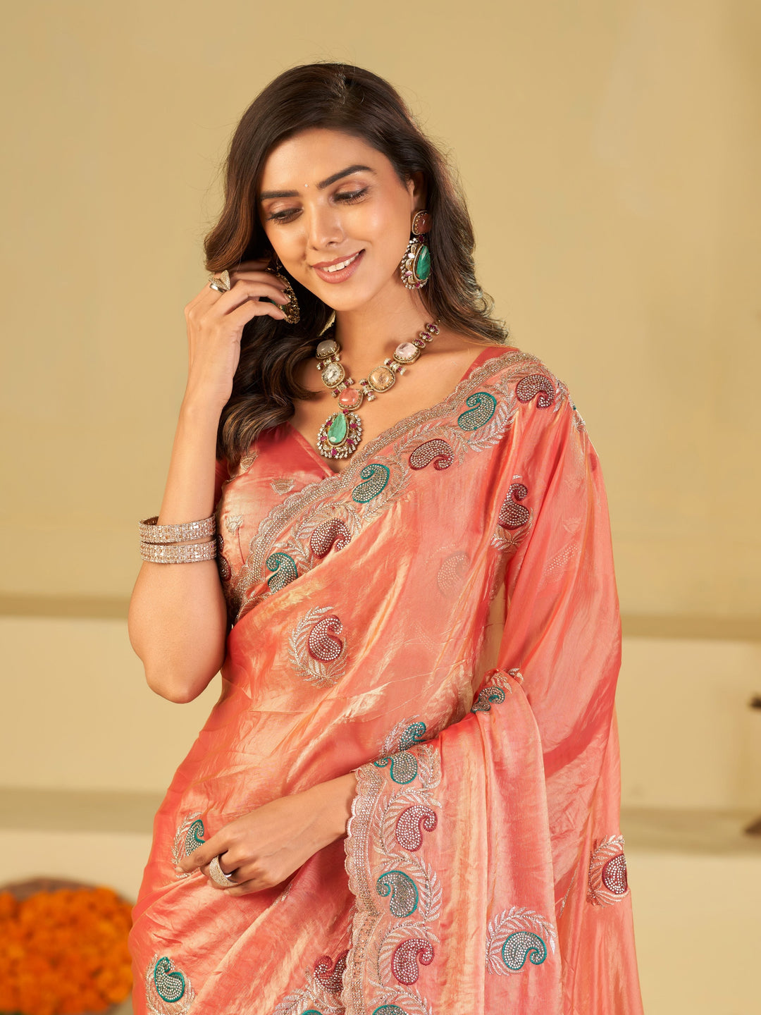 Peach Pink Designer Fendy Satin Saree with Multicolor Paisley Embroidery & Scalloped Embroidered Border | Premium Festive Party Wear Saree