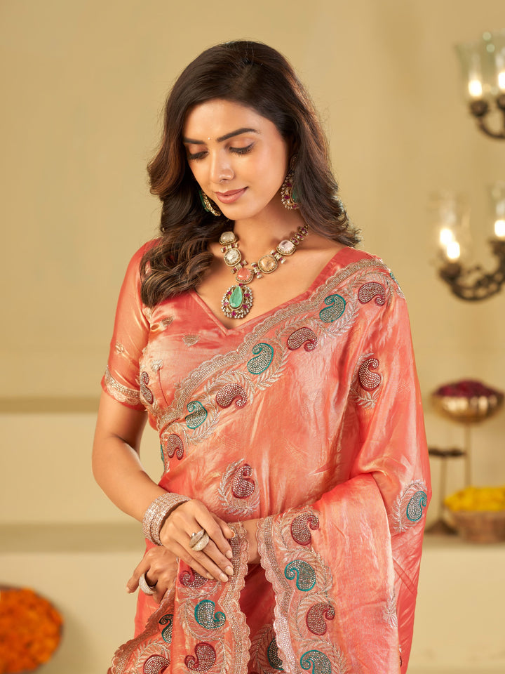 Peach Pink Designer Fendy Satin Saree with Multicolor Paisley Embroidery & Scalloped Embroidered Border | Premium Festive Party Wear Saree