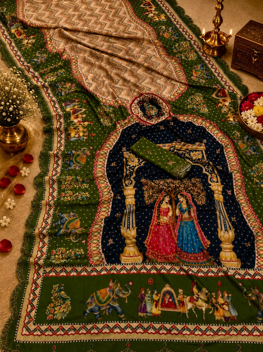 Olive Green Modal Silk Royal Wedding Procession Printed Saree with Swarovski Scalloped Border & Blouse Piece